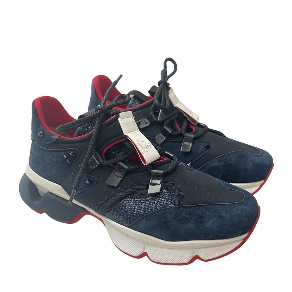 Christian Louboutin  Blue Neoprene Red Runner Flat Lace Sneakers Size 39